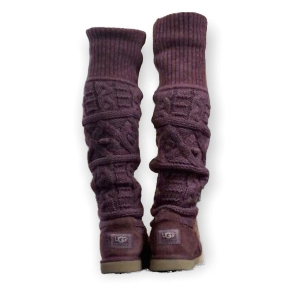 Ugg Over The Knee Twisted Cable Knit Boot Burgundy Size 6 - Picture 2 of 9